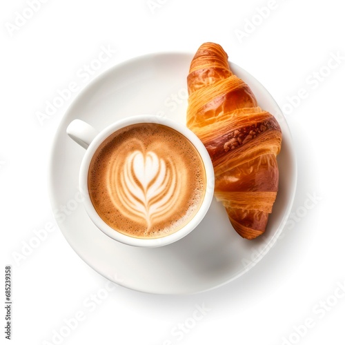 Top view of croissant and cup of cappuccino on white background.