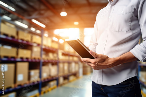 Smart warehouse management system.Worker hands holding tablet on blurred warehouse as background.