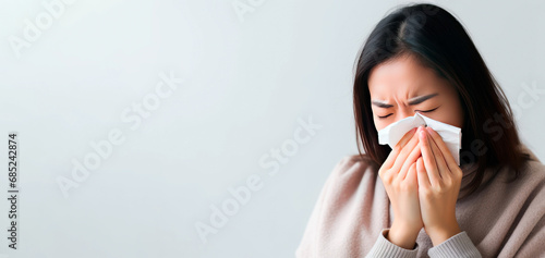 Young Asian woman with flu or allergy with running nose. Banner