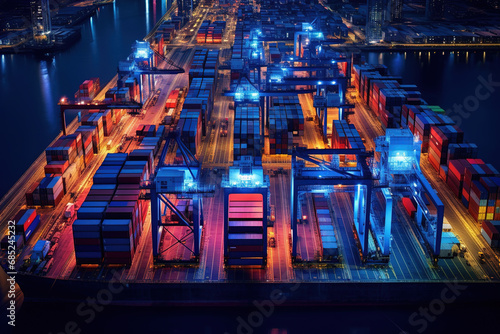 night of Aerial top view of Container ship loading and unloading, Cargo container in deep seaport for the international order concept.