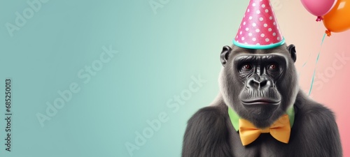 Celebration, happy birthday, Sylvester New Year's eve party, funny animal greeting card -Gorilla with party hat, bow tie and balloon, isolated on blue wall background