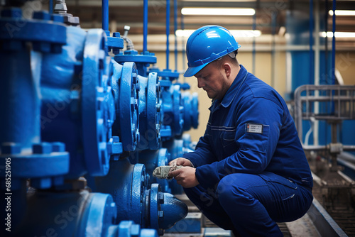 A worker at a water supply station inspects water pump valves equipment in a substation for the distribution of clean water at a large industrial estate. Water pipes. Industrial plumbing.