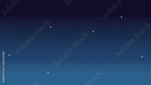 Pixel art night sky background with stars. Seamless backdrop in retro video game 8-bit style. Vector illustration.