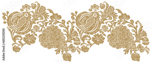 Indian Ornament. Floral Botanical Pattern. Gold Foliage on White Background. Linocut Print. Vector illustration. Fabric and Textile Wallpaper. Folk Rustic Golden Decor.
