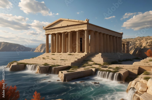 A large Greek temple by the sea.