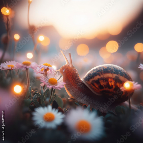 a close up of a snail in a field of flowers with lights on its. ai generative