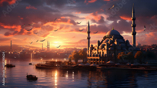 Istanbul mosques at sunset,Generative Ai.