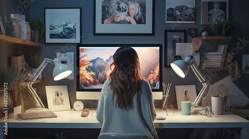 Digital artist editing a picture at her minimalistic workspace AI generated illustration