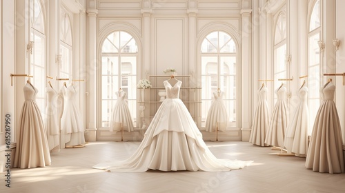 Elegant bridal shop with empty dress racks for wedding product mockup AI generated illustration