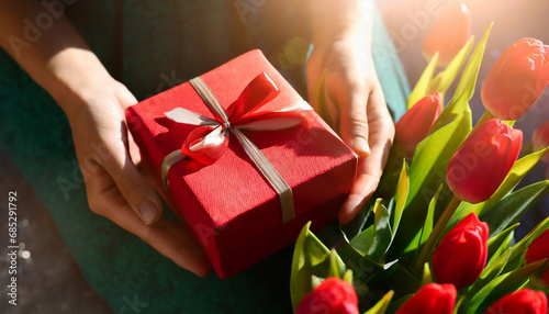 Woman holding a gift package prepared for Valentine's Day between her hands and tulip bouquets. Valentine's Day concept