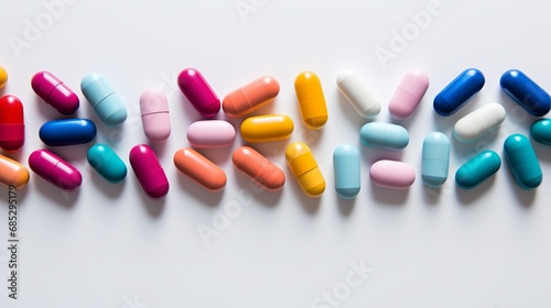 Multiple colorful pills on a neutral backdrop showcasing minimalism AI generated illustration