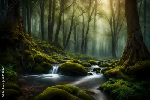 Create a lush, misty forest scene with towering trees and a meandering stream.