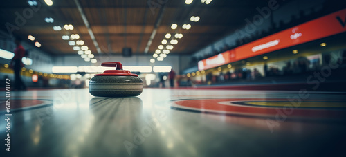 Close up shot of a curling wheel in an indoor sports arena.