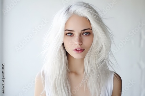 Lady With Striking White Hair And Extraordinary Appearance On The Background Of White Wall