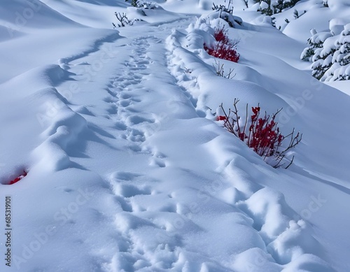 A scenic winter landscape featuring a snow-covered path with a pair of lush evergreen bushes