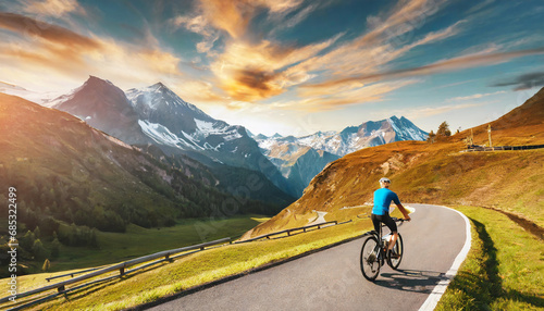 amazing nature scenery at sunset mountain biking man on track grossglockner high alpine road austria travel lifestyle adventure concept outdoor wilderness vacations active recreation concept