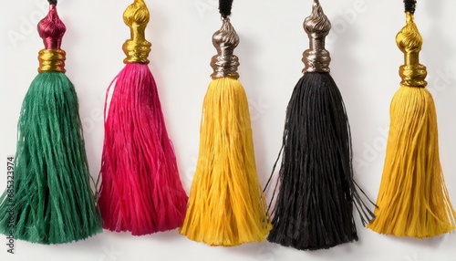 five different color tassels isolated on white background