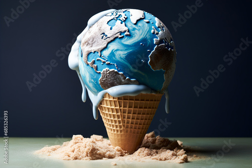 A melting scoop of dripping ice cream in form of earth in a waffle cone.Concept on the theme of global warming.