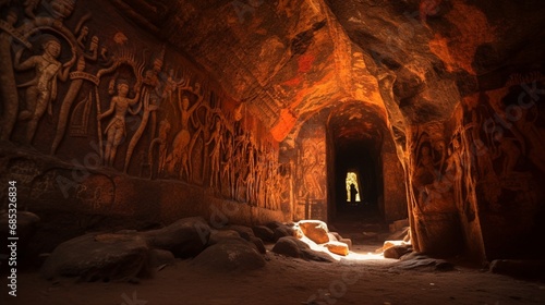 A hidden cave with ancient inscriptions depicting Hanuman's story.