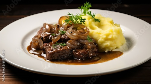 aerial view of liver and onions on a plate with mashed potatoes and gravy, on a white plate