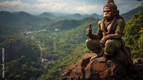 A majestic Hanuman idol carved into a mountain cliff, overlooking a valley.