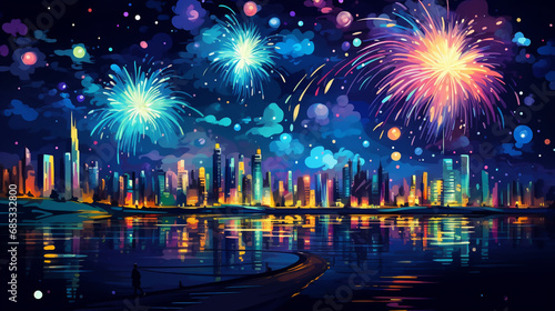 Illustration of colorful festive fireworks in dark evening sky. background for winter holiday, Xmas, New Year, Independence day, carnival, birthday.