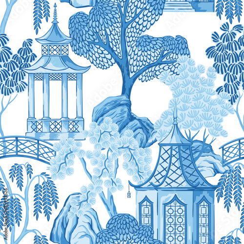 Blue Chinese pagoda and trees seamless pattern. Chinoiserie wallpaper.