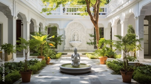A peaceful courtyard surrounded by classic, white architecture, featuring a Krishna statue as the centerpiece.