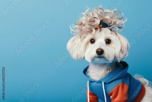a dog in casual clothes with a curly hairstyle, concept of Pet fashion on solid blue background. ai generative