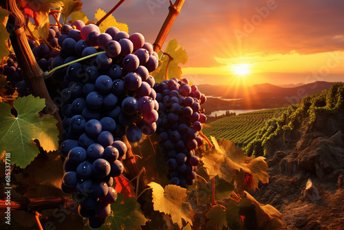 Ripe grapes in vineyard at sunset, generative ai 