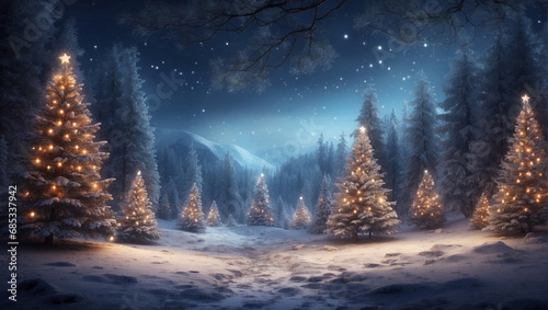 Enchanting Winter Wonderland Magical Forest with Christmas Trees and Glowing Lights, Generative Al