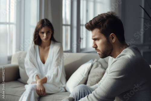 A saddened man in a troubled relationship occupies the couch, his partner's unhappiness evident, portraying couple discord and an impending separation