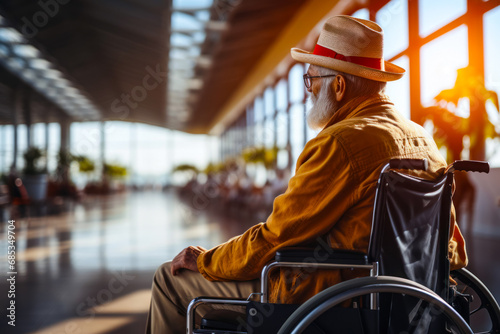 Convenience of modern airport terminals accessible to people with limited mobility, adult man in a wheelchair in a modern airport terminal waiting to check in for a flight