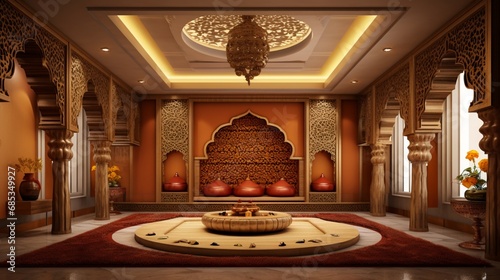 A traditional Indian pooja room adorned with a splendid false ceiling, where spirituality and aesthetics converge beautifully.