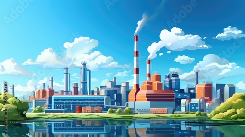 A cartoon illustration of a factory with smoke coming out of it.