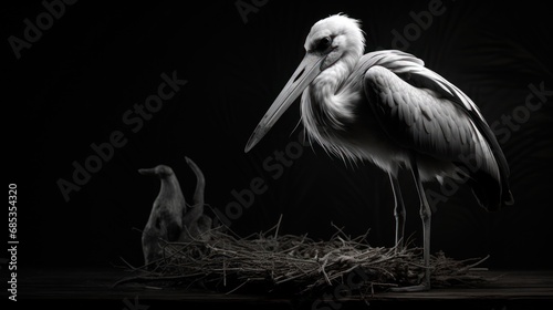  a black and white photo of a stork in a nest with a baby stork in the background.