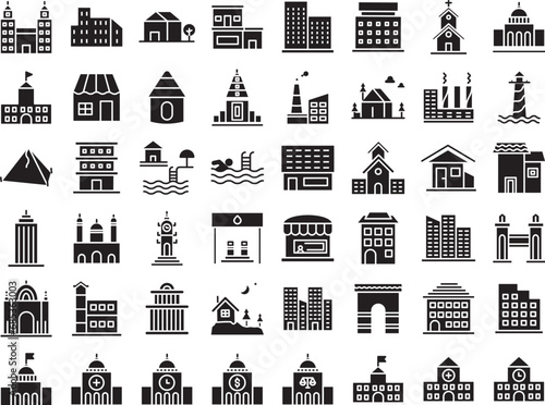 Name solid glyph icons set, including icons such as budding, architect, city, Bank, Office,Factoury, and more. Vector icon collection