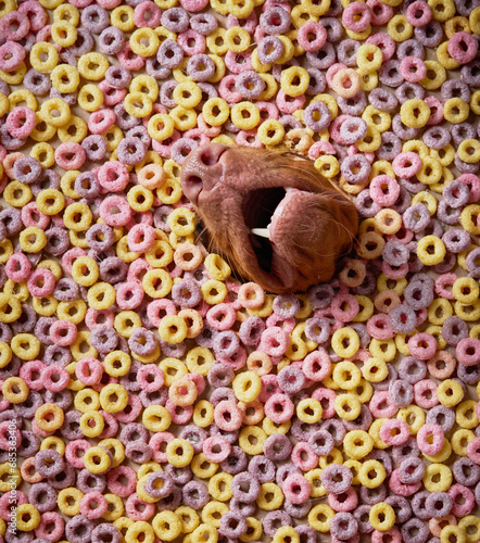 A dog nose amidst candy rings, a unique close-up with a whimsical touch. The canine's snout is playfully concealed by colorful confectionery, blending in with the sugary environment