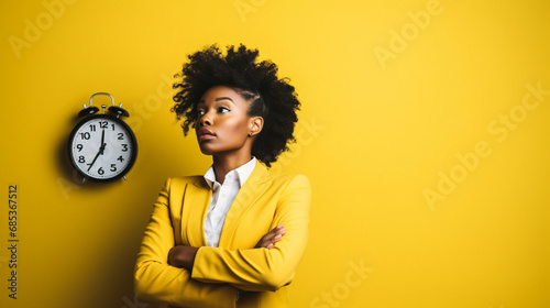 African american woman with braided hair standing over yellow background in hurry pointing to watch time, impatience, upset and angry for deadline delay