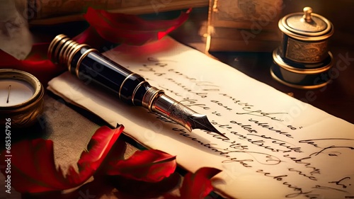 a fountain pen placed on an antique handwritten letter, showcasing the vintage nib pen and the intricacies of handwritten English cursive styles such as copperplate and Spencerian.