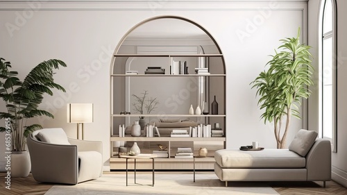 Warm and inviting living room interior featuring white decor, an arched mirror, and built-in shelving, creating a minimalist ambiance.