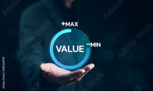 Value added or business growth concept. Businessman holding and showing virtual icon progress for increase value added to business product and service. Increase company sales, Digital marketing,