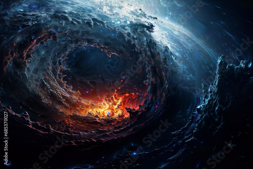 Swirling vortex of space clouds leading into an orange glowing center. Fantasy space art.