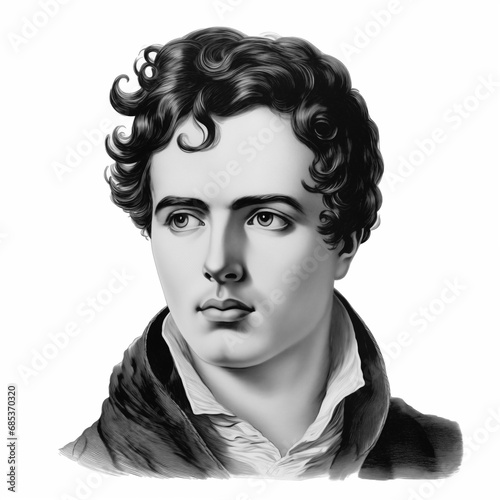Black and white vintage engraving, headshot portrait of Lord Byron (George Gordon Byron) the famous English poet, white background, greyscale - Generative AI