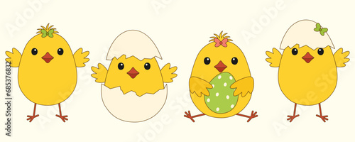 A vector set of cartoon Easter chicks on a white background. Vector illustration