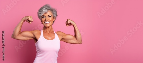 Healthy Strong Mature Woman Fitness Model on a Pink Background with Space for Copy