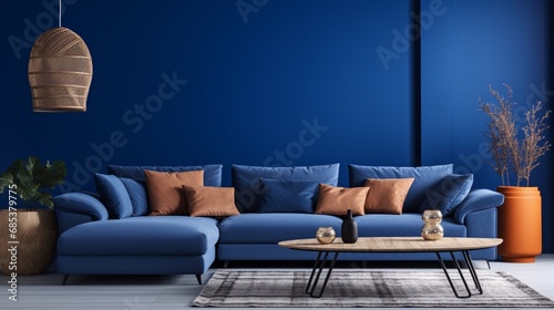 A sectional sofa in royal blue set against a navy solid color pattern wall.
