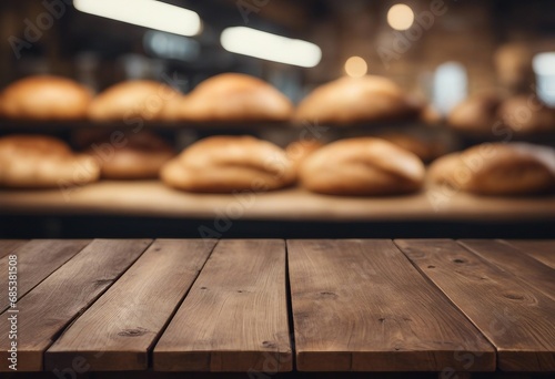 Empty old wooden table with defocused bakery in background