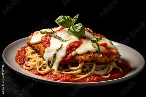 Savor the crispy perfection of Chicken Parmesan, a tender cutlet topped with gooey mozzarella & zesty marinara, served alongside al dente pasta