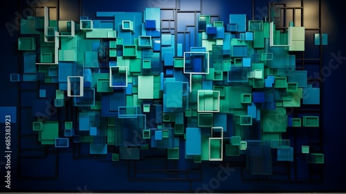 Dynamic interplay of emerald green and blue on a 3D wall, creating a vibrant and lively composition.